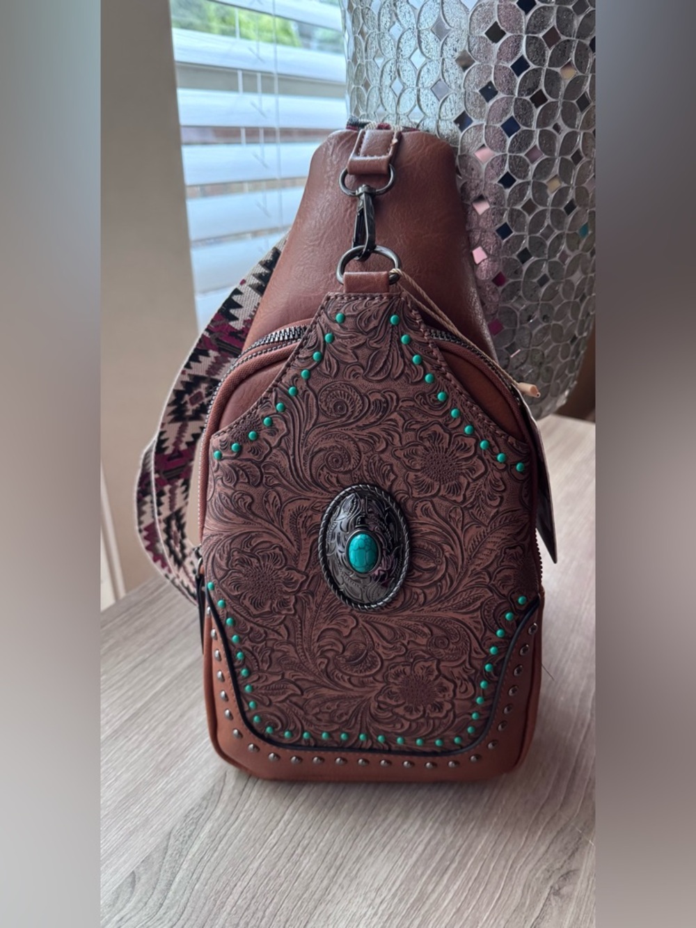 Sam & Hadley Brown Tooled Leather Crossbody Sling Bag with Turquoise Accents